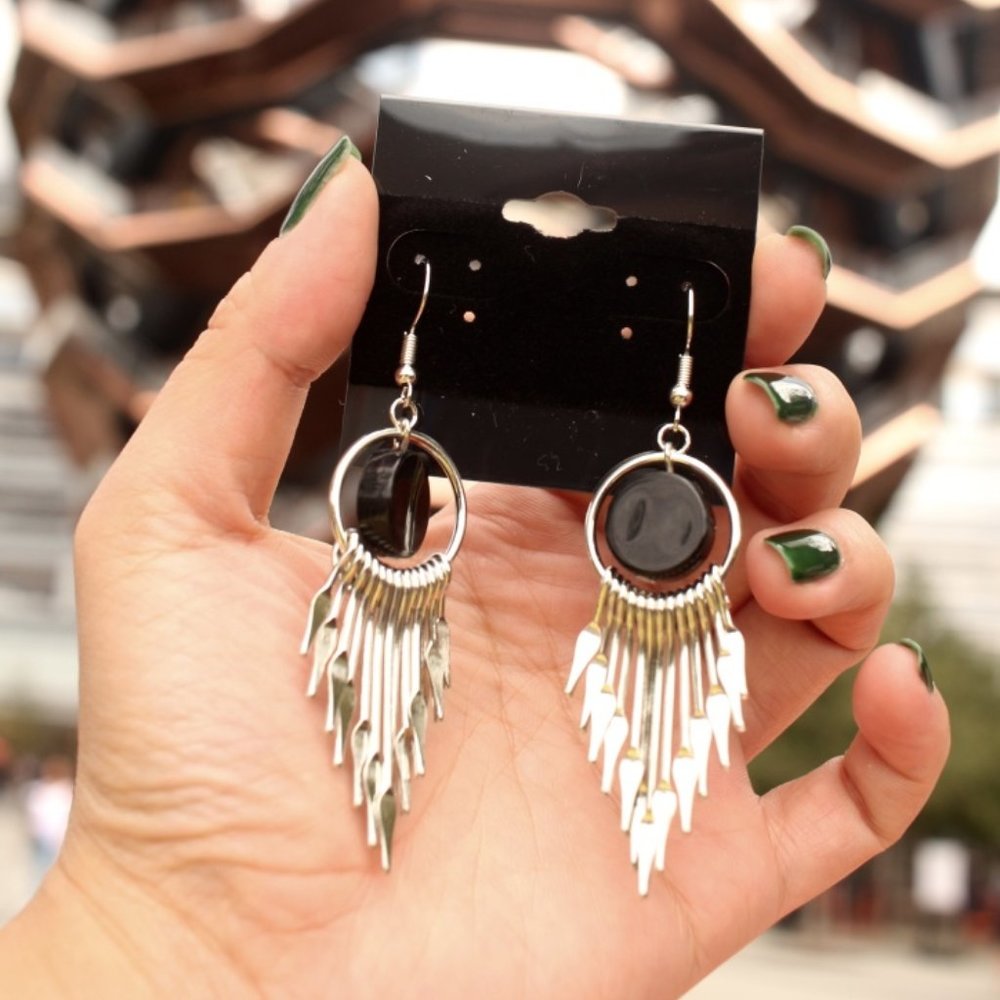 New Black Round Metal Tassel Drop Earrings jewelry - Picture 3 of 8